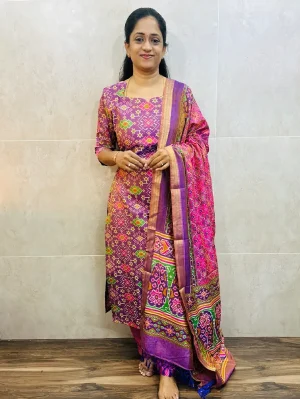 Soft Patola silk top (cotton lining) paired with Patola silk dupatta and printed silk bottom (free size)
