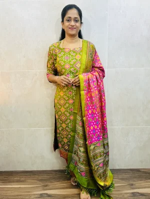 Soft Patola silk top (cotton lining) paired with Patola silk dupatta and printed silk bottom (free size)