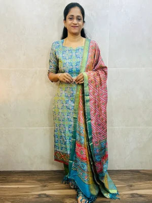 Soft Patola silk top (cotton lining) paired with Patola silk dupatta and printed silk bottom (free size)