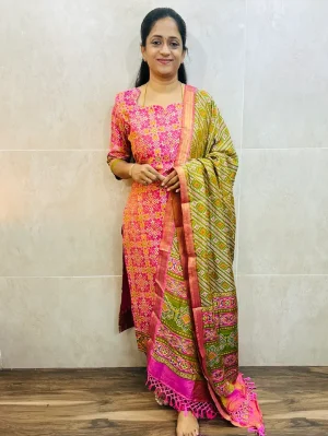 Soft Patola silk top (cotton lining) paired with Patola silk dupatta and printed silk bottom (free size)