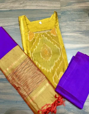Premium Pochampally handloom silk cotton top (cotton lining) paired with silk cotton dupatta and silk bottom (Free size)