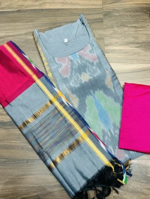 Premium Pochampally handloom silk cotton top (cotton lining) paired with silk cotton dupatta and silk bottom (Free size)