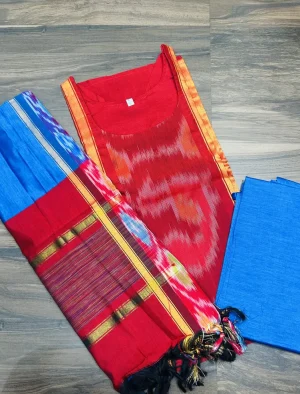 Premium Pochampally handloom silk cotton top (cotton lining) paired with silk cotton dupatta and silk bottom (Free size)