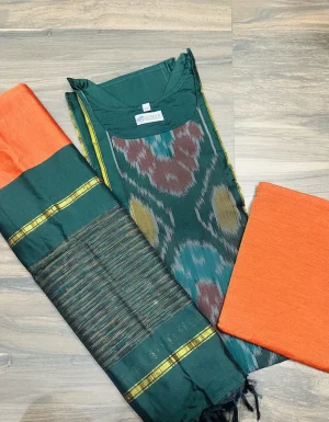 Premium Pochampally handloom silk cotton top (cotton lining) paired with silk cotton dupatta and silk bottom (Free size)
