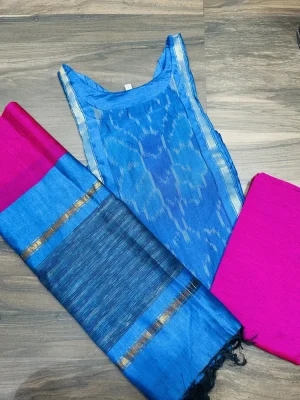 Premium Pochampally handloom silk cotton top (cotton lining) paired with silk cotton dupatta and silk bottom (Free size)