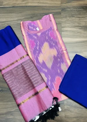 Premium Pochampally handloom silk cotton top (cotton lining) paired with silk cotton dupatta and silk bottom (Free size)
