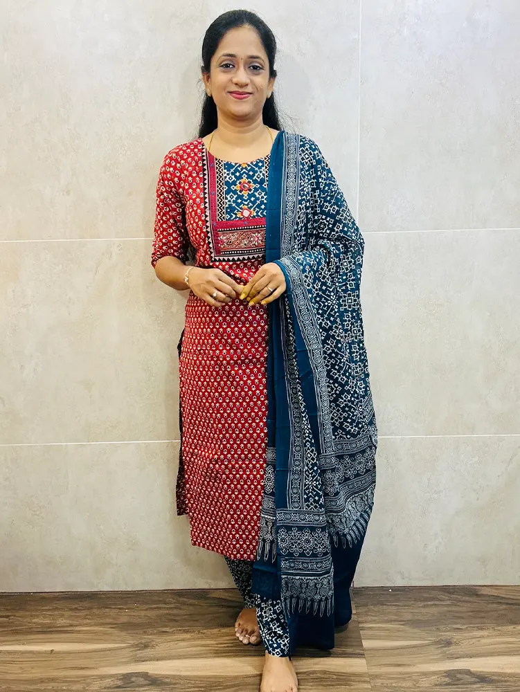 Ajrakh dyed Handblock printed cotton top (cotton lining) paired with cotton dupatta and cotton bottom (free size)