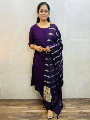 Soft silk top (cotton lining) with potli works on yoke paired with zari weaved muslin silk dupatta and silk bottom (Free size)