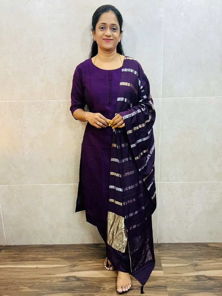 Soft silk top (cotton lining) with potli works on yoke paired with zari weaved muslin silk dupatta and silk bottom (Free size)