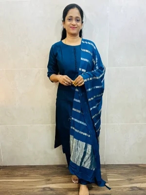 Soft silk top (cotton lining) with potli works on yoke paired with zari weaved muslin silk dupatta and silk bottom (Free size)