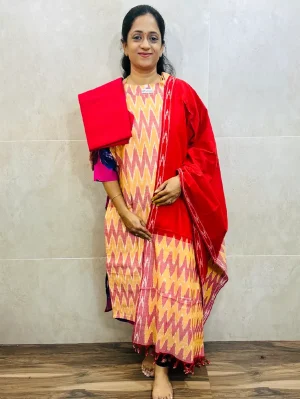 Pure handloom Ikkat cotton top (cotton lining) paired with Ikkat cotton dupatta and cotton bottom (free size)