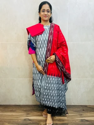 Pure handloom Ikkat cotton top (cotton lining) paired with Ikkat cotton dupatta and cotton bottom (free size)