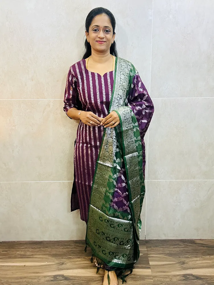 Premium Benaras silk top (cotton lining) with allover weaving a paired with Benaras silk dupatta and silk bottom (free size)