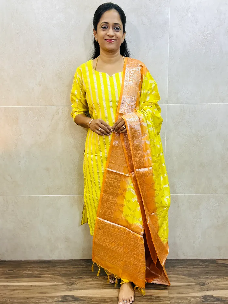 Premium Benaras silk top (cotton lining) with allover weaving a paired with Benaras silk dupatta and silk bottom (free size)