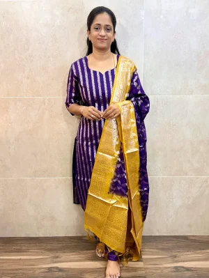 Premium Benaras silk top (cotton lining) with allover weaving a paired with Benaras silk dupatta and silk bottom (free size)