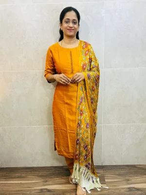 Soft silk top (crepe lining) with potli work on yoke paired with crush Georgette dupatta and silk bottom (free size)