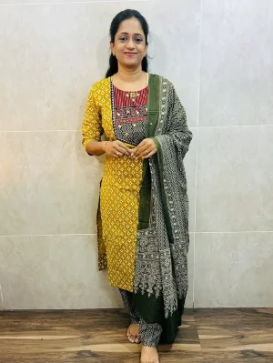 Ajrakh dyed Handblock printed cotton top (cotton lining) paired with cotton dupatta and cotton bottom (free size)