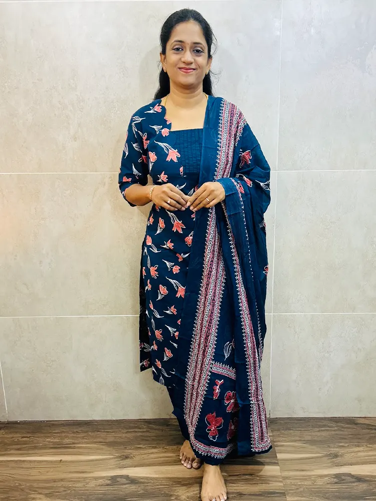 Printed Jaipur cotton top (cotton lining) paired with cotton dupatta and cotton bottom (Free size)