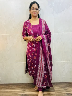 Printed Jaipur cotton top (cotton lining) paired with cotton dupatta and cotton bottom (Free size)