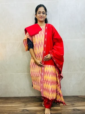 Pure handloom Ikkat cotton top (cotton lining) paired with Ikkat cotton dupatta and cotton bottom (free size)