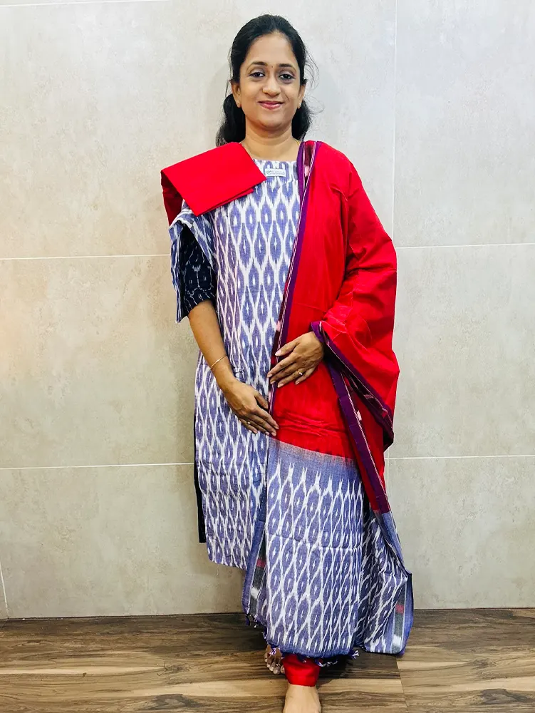Pure handloom Ikkat cotton top (cotton lining) paired with Ikkat cotton dupatta and cotton bottom (free size)
