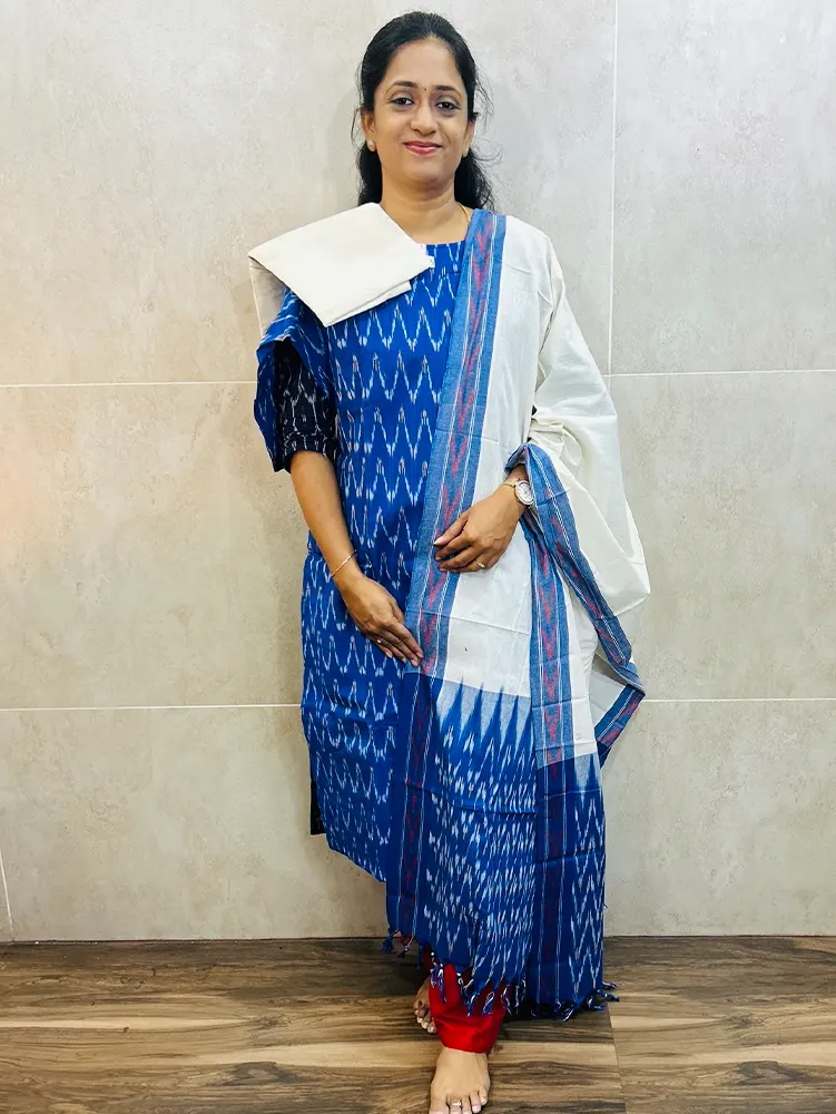 Pure handloom Ikkat cotton top (cotton lining) paired with Ikkat cotton dupatta and cotton bottom (free size)