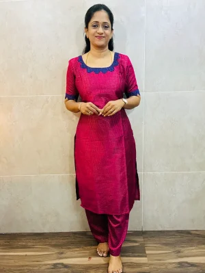 Semi raw silk top (cotton lining) with allover zari weavings paired with zari weaved raw silk bottom (free size)