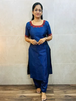 Semi raw silk top (cotton lining) with allover zari weavings paired with zari weaved raw silk bottom (free size)