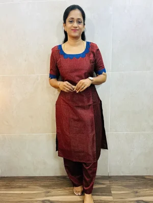 Semi raw silk top (cotton lining) with allover zari weavings paired with zari weaved raw silk bottom (free size)