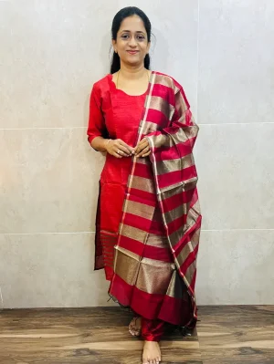 Premium silk cotton top (cotton lining) with zari weaving paired with zari weaved silk cotton dupatta and semi raw silk bottom (free size)