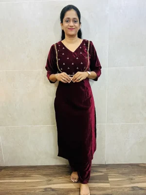 Velvet top with hand worked yoke paired with velvet bottom (straight cut)