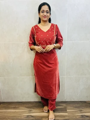 Velvet top with hand worked yoke paired with velvet bottom (straight cut)