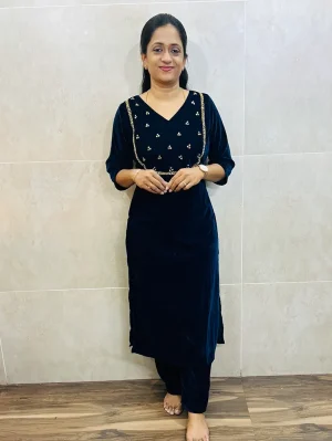 Velvet top with hand worked yoke paired with velvet bottom (straight cut)