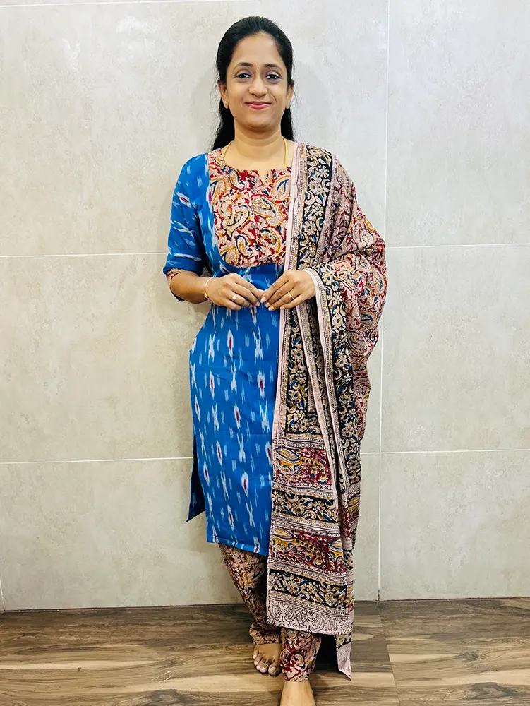 Dispatch with in 15 working days - Ikkat cotton top (cotton lining) with Kalamkari patchwork on yoke paired with Kalamkari dupatta and Kalamkari bottom (free size)