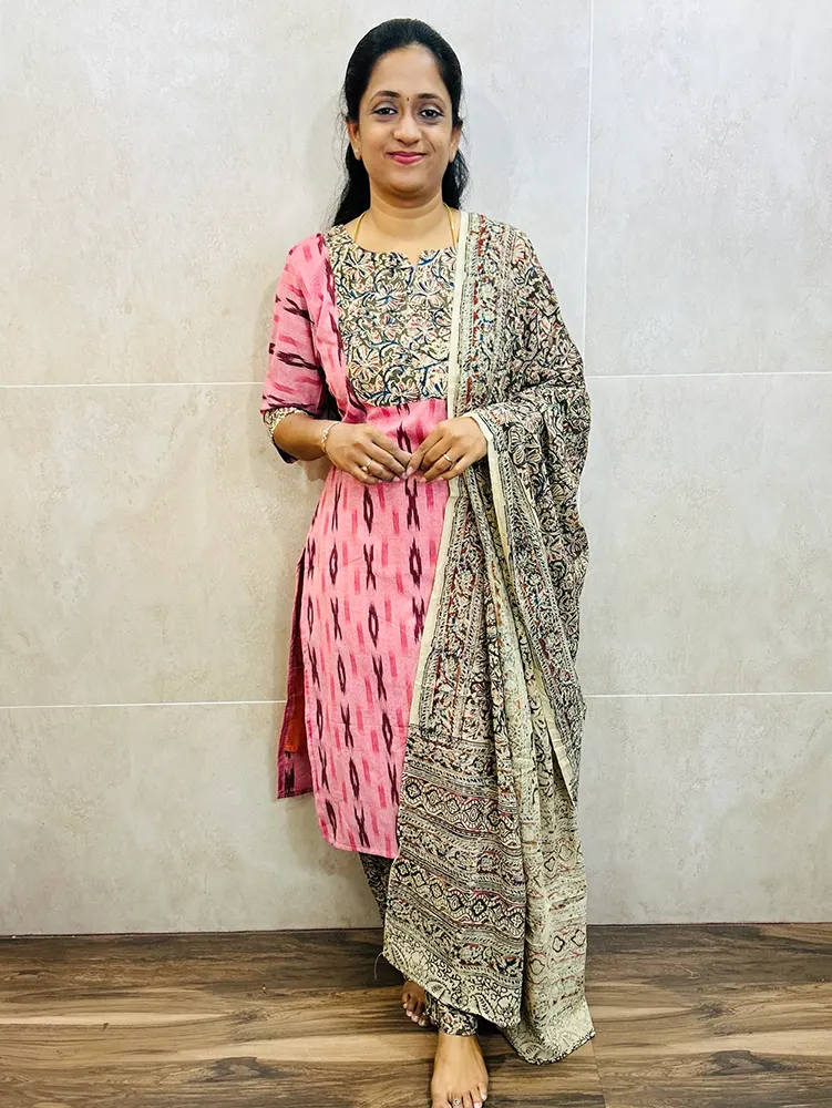 Dispatch with in 15 working days - Ikkat cotton top (cotton lining) with Kalamkari patchwork on yoke paired with Kalamkari dupatta and Kalamkari bottom (free size)