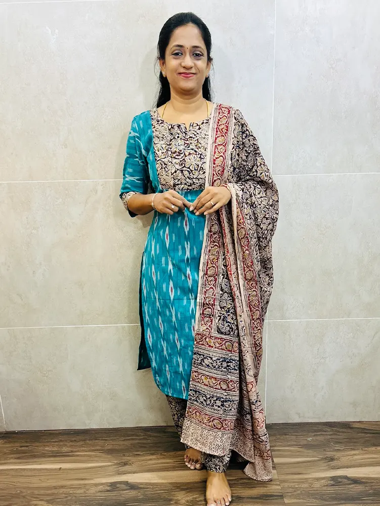 Dispatch with in 15 working days - Ikkat cotton top (cotton lining) with Kalamkari patchwork on yoke paired with Kalamkari dupatta and Kalamkari bottom (free size)