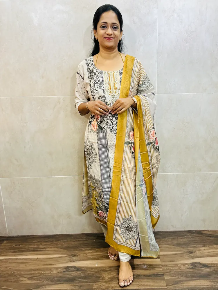 Printed soft muslin silk top (cotton lining) paired with muslin silk dupatta and silk bottom (free size)