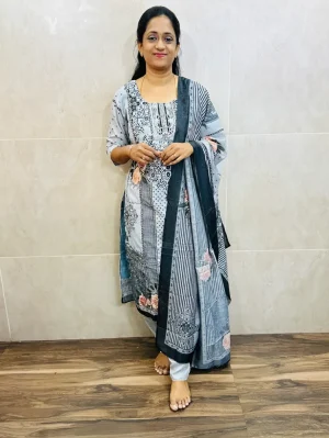 Printed soft muslin silk top (cotton lining) paired with muslin silk dupatta and silk bottom (free size)