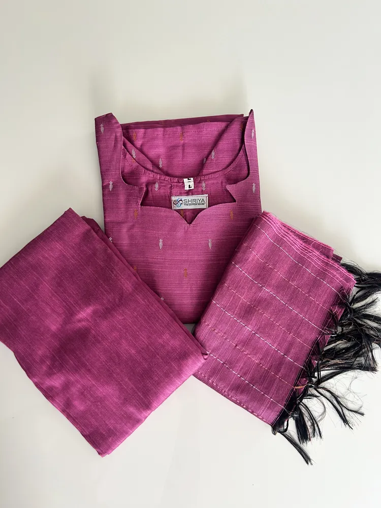 Light purple - Semi raw silk top (cotton lining) paired with semi raw silk dupatta and semi raw silk bottom (Free size)