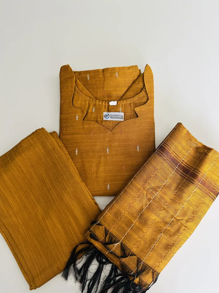 Mustard Yellow - Semi raw silk top (cotton lining) paired with semi raw silk dupatta and semi raw silk bottom (Free size)