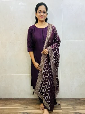 Soft silk top (crepe lining) with Potli work on yoke paired with Benaras weaved soft silk dupatta and silk bottom (free size)