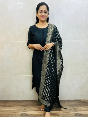 Soft silk top (crepe lining) with Potli work on yoke paired with Benaras weaved soft silk dupatta and silk bottom (free size)