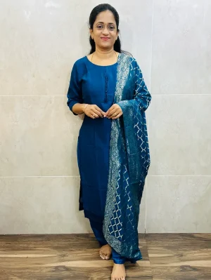 Soft silk top (crepe lining) with Potli work on yoke paired with Benaras weaved soft silk dupatta and silk bottom (free size)