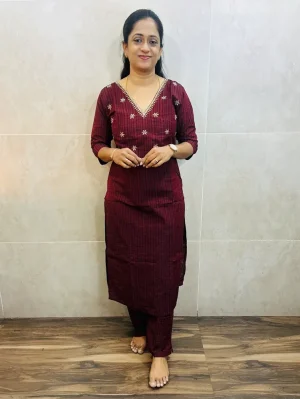 (Maroon)Premium semi raw silk top(cotton lining)with handworked yoke paired with semi raw silk bottom(semi palazzo)