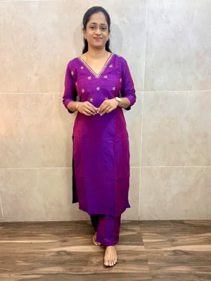 Premium semi raw silk top(cotton lining)with handworked yoke paired with semi raw silk bottom(semi palazzo)