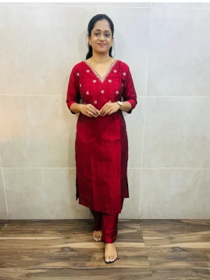 (Red)Premium semi raw silk top(cotton lining)with handworked yoke paired with semi raw silk bottom(semi palazzo)