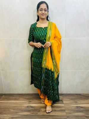 Pure handloom Ikkat cotton top (cotton lining) paired with Ikkat cotton dupatta and cotton bottom (free size)