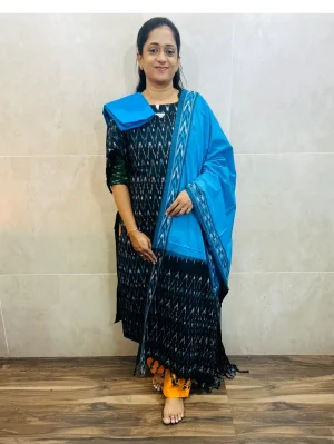 Pure handloom Ikkat cotton top (cotton lining) paired with Ikkat cotton dupatta and cotton bottom (free size)
