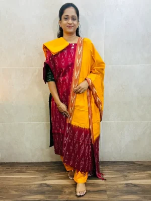 Pure handloom Ikkat cotton top (cotton lining) paired with Ikkat cotton dupatta and cotton bottom (free size)