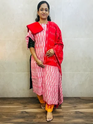 Pure handloom Ikkat cotton top (cotton lining) paired with Ikkat cotton dupatta and cotton bottom (free size)